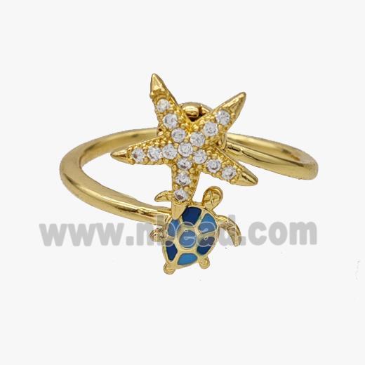 Copper Starfish Tortoise Rings Pave Zirconia Rotatable Adjustable Gold Plated