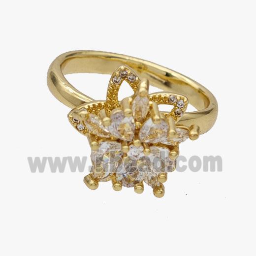 Copper Flower Rings Pave Zirconia Rotatable Adjustable Gold Plated