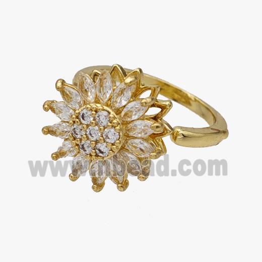 Copper Flower Rings Pave Zirconia Rotatable Adjustable Gold Plated