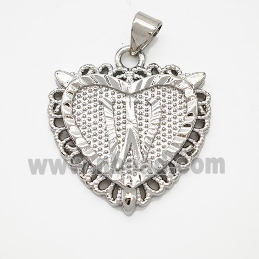 Copper Heart Pendant Letter-W Platinum Plated