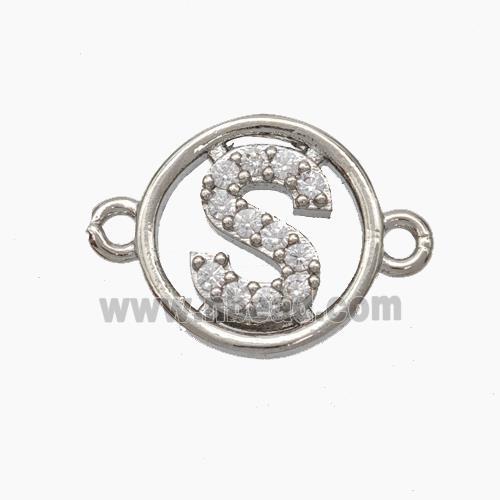 Copper Letter-S Connector Pave Zirconia Circle Platinum Plated