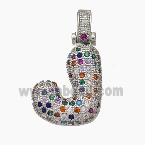 Copper Letter-J Pendant Micropave Zirconia Platinum Plated