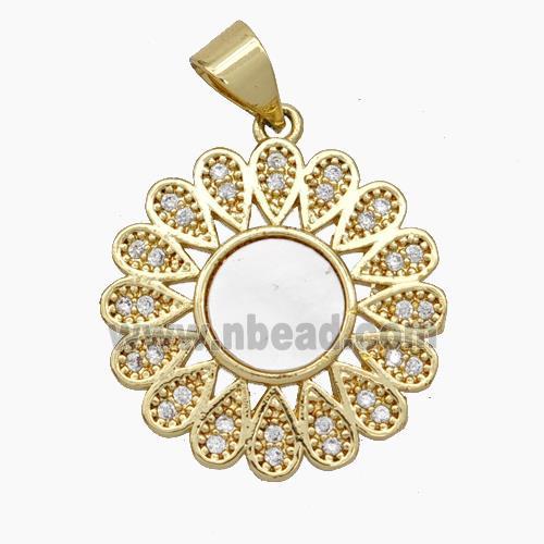 Copper Flower Pendant Micropave Zirconia Shell 18K Gold Plated