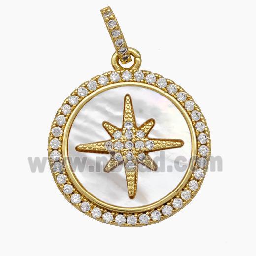 Copper Northstar Pendant Micropave Zirconia Shell Circle 18K Gold Plated