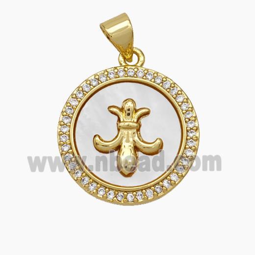 Copper Fleur De Lis Pendant Pave Shell Zirconia Circle 18K Gold Plated