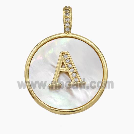 Copper Letter-A Pendant Pave Shell Zirconia Circle Gold Plated