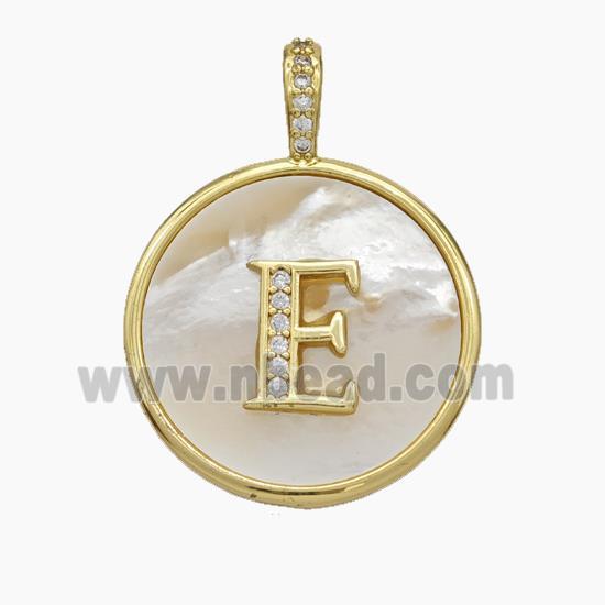 Copper Letter-E Pendant Pave Shell Zirconia Circle Gold Plated