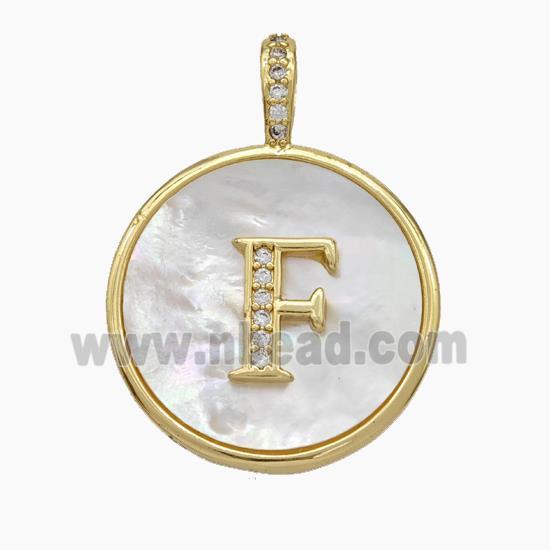 Copper Letter-F Pendant Pave Shell Zirconia Circle Gold Plated