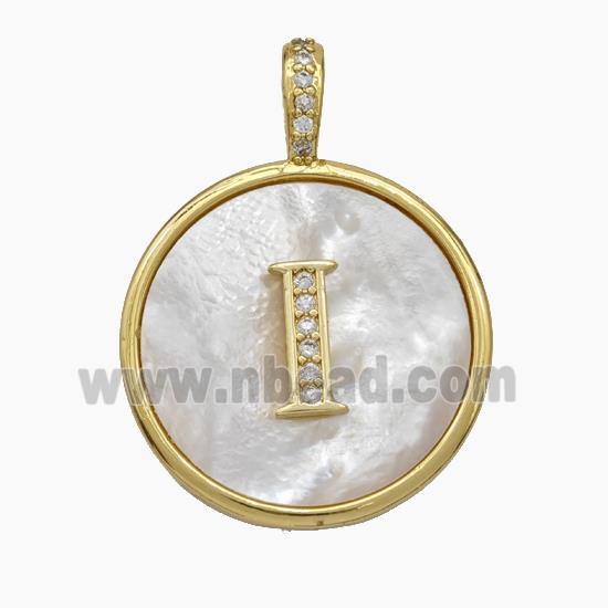 Copper Letter-I Pendant Pave Shell Zirconia Circle Gold Plated