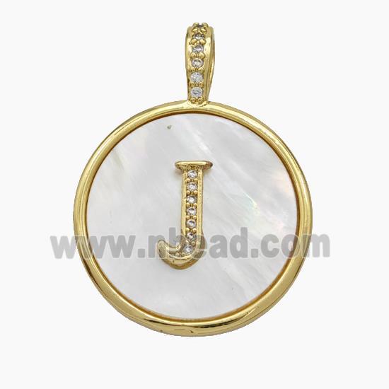 Copper Letter-J Pendant Pave Shell Zirconia Circle Gold Plated