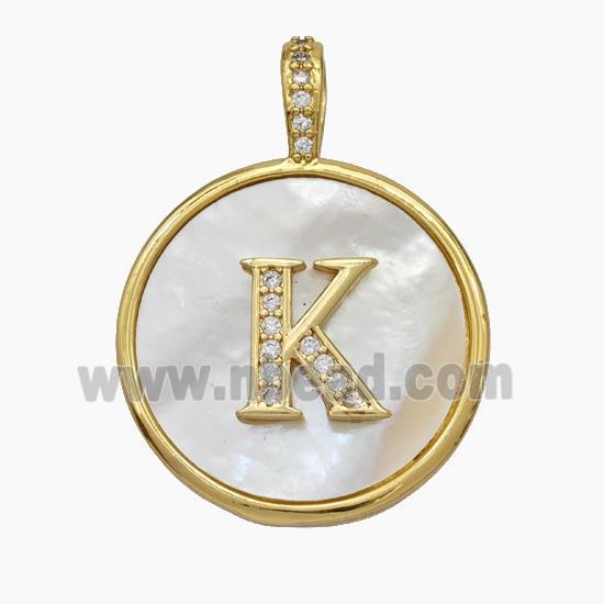 Copper Letter-K Pendant Pave Shell Zirconia Circle Gold Plated