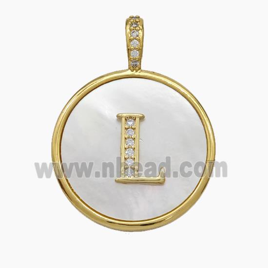 Copper Letter-L Pendant Pave Shell Zirconia Circle Gold Plated