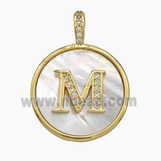 Copper Letter-M Pendant Pave Shell Zirconia Circle Gold Plated