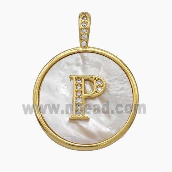 Copper Letter-P Pendant Pave Shell Zirconia Circle Gold Plated