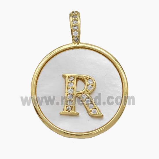 Copper Letter-R Pendant Pave Shell Zirconia Circle Gold Plated