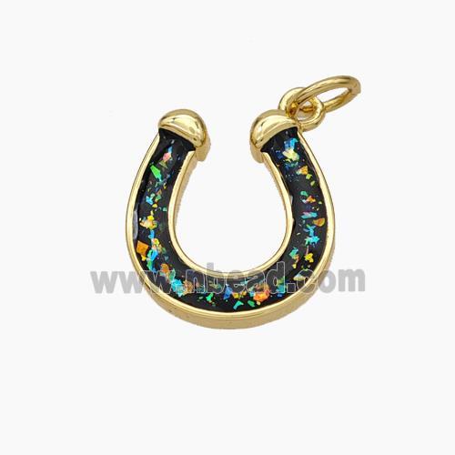 Copper Horseshoe Pendant Pave Black Fire Opal 18K Gold Plated