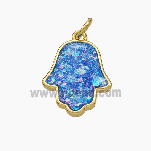 Copper Hamsahand Pendant Pave Blue Fire Opal 18K Gold Plated