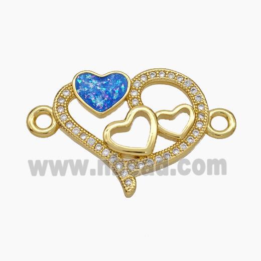 Copper Heart Connector Pave Zirconia Blue Fire Opal 18K Gold Plated