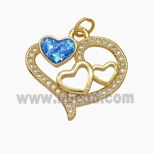 Copper Heart Pendant Pave Zirconia Blue Fire Opal 18K Gold Plated