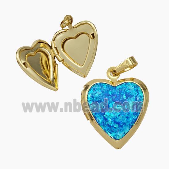 Copper Heart Locket Pendant Pave Blue Fire Opal 18K Gold Plated