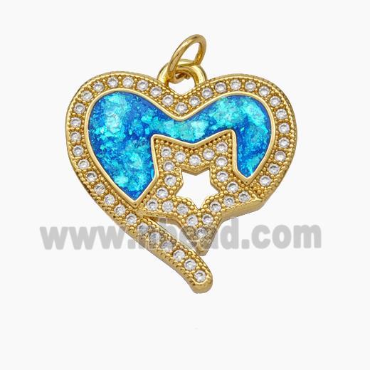 Copper Heart Pendant Pave Zirconia Blue Fire Opal Star 18K Gold Plated