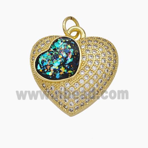 Copper Heart Pendant Pave Zirconia Black Fire Opal 18K Gold Plated