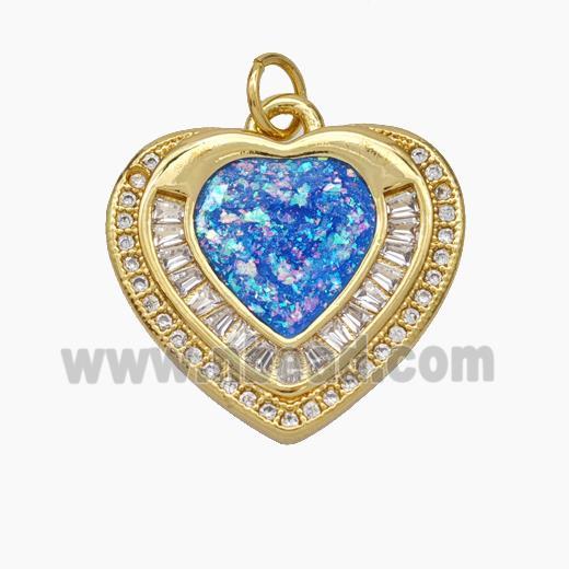 Copper Heart Pendant Pave Zirconia Blue Fire Opal 18K Gold Plated