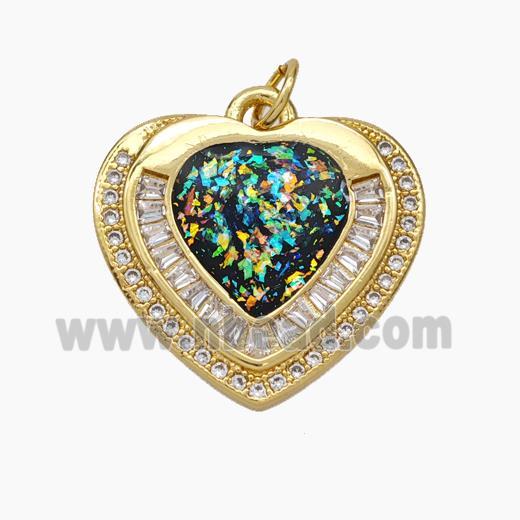 Copper Heart Pendant Pave Zirconia Rainbow Fire Opal 18K Gold Plated