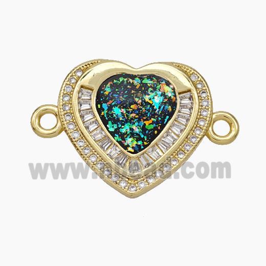 Copper Heart Connector Pave Zirconia Black Fire Opal 18K Gold Plated