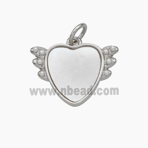 Copper Heart Pendant Pave Shell Angel Wings Platinum Plated