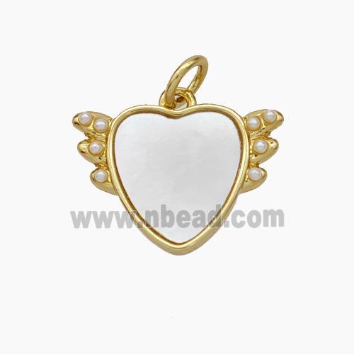 Copper Heart Pendant Pave Shell Angel Wings Gold Plated