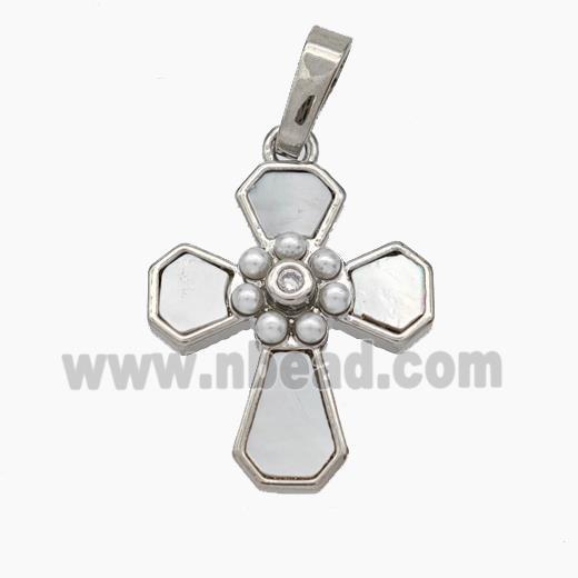 Copper Cross Pendant Pave Shell Pearlized Resin Platinum Plated