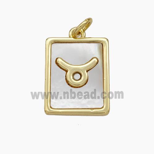 Copper Rectangle Pendant Pave Shell Zodiac Taurus 18K Gold Plated