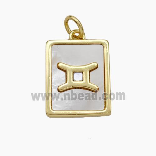 Copper Rectangle Pendant Pave Shell Zodiac Gemini 18K Gold Plated