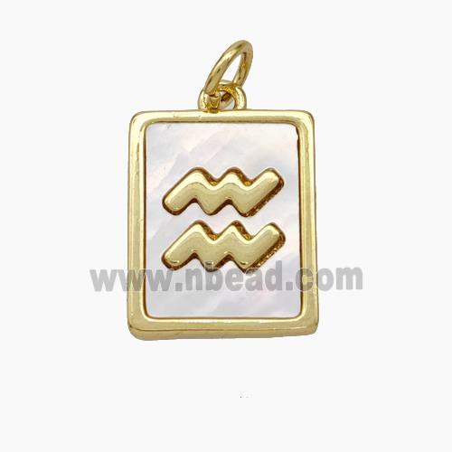 Copper Rectangle Pendant Pave Shell Zodiac Aquarius 18K Gold Plated