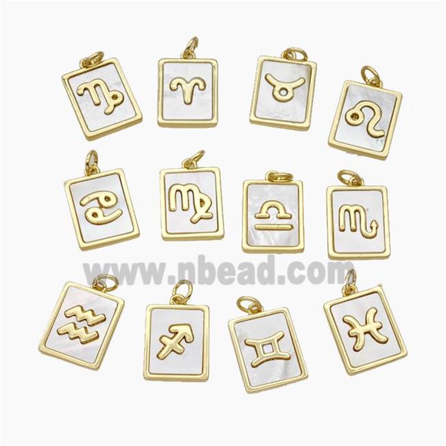 Copper Rectangle Pendant Pave Shell Zodiac 18K Gold Plated Mixed