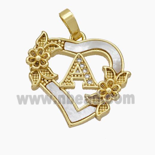 Copper Heart Pendant Pave Shell Zirconia Letter-A Flower 18K Gold Plated