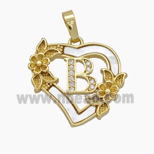 Copper Heart Pendant Pave Shell Zirconia Letter-B Flower 18K Gold Plated