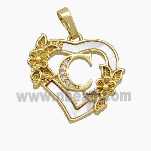 Copper Heart Pendant Pave Shell Zirconia Letter-C Flower 18K Gold Plated