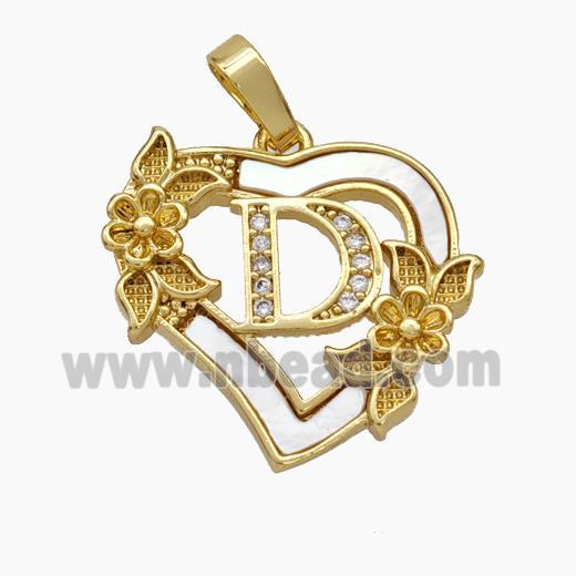 Copper Heart Pendant Pave Shell Zirconia Letter-D Flower 18K Gold Plated