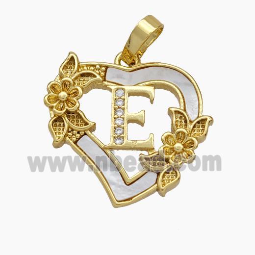 Copper Heart Pendant Pave Shell Zirconia Letter-E Flower 18K Gold Plated