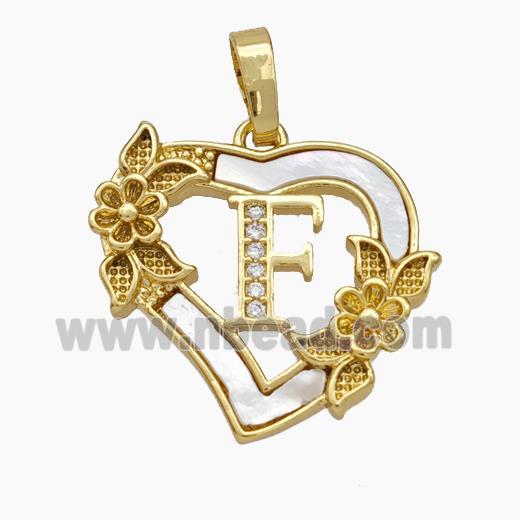 Copper Heart Pendant Pave Shell Zirconia Letter-F Flower 18K Gold Plated