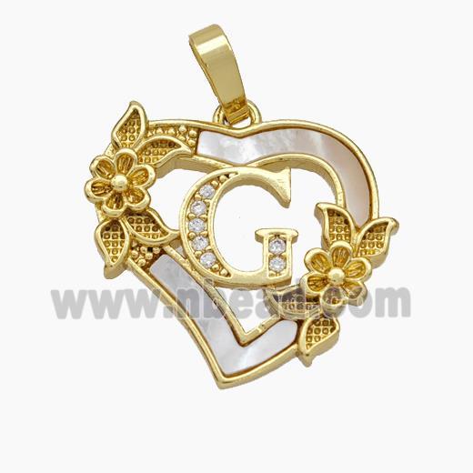 Copper Heart Pendant Pave Shell Zirconia Letter-G Flower 18K Gold Plated