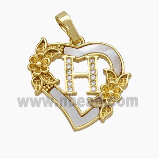 Copper Heart Pendant Pave Shell Zirconia Letter-H Flower 18K Gold Plated