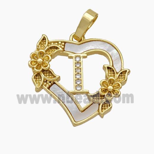 Copper Heart Pendant Pave Shell Zirconia Letter-I Flower 18K Gold Plated