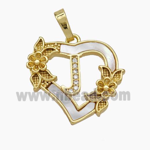 Copper Heart Pendant Pave Shell Zirconia Letter-J Flower 18K Gold Plated