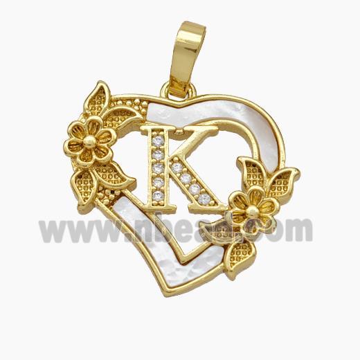 Copper Heart Pendant Pave Shell Zirconia Letter-K Flower 18K Gold Plated