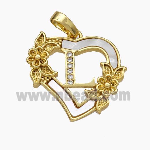 Copper Heart Pendant Pave Shell Zirconia Letter-L Flower 18K Gold Plated