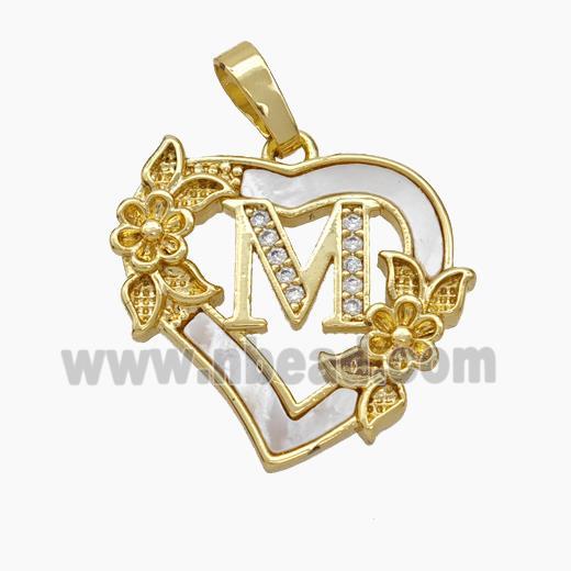 Copper Heart Pendant Pave Shell Zirconia Letter-M Flower 18K Gold Plated