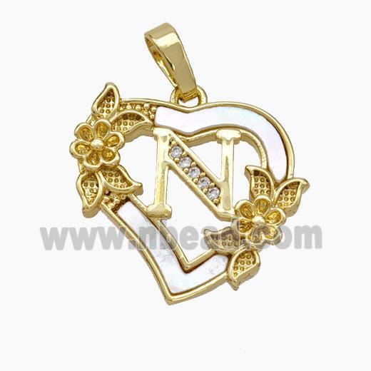 Copper Heart Pendant Pave Shell Zirconia Letter-N Flower 18K Gold Plated